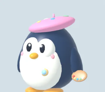 Bubbles in a paint-splashed pink beret, holding a palette.