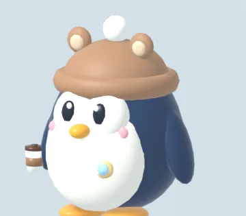Moka in a brown beanie with bear ears, holding a cup.