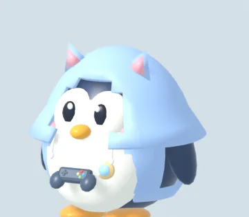 Pixel in a blue hoodie with cat ears, holding a controller.
