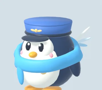 Sky in a blue pilot cap and a long blue scarf.