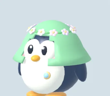 Snowy in a green hood with a flower crown.