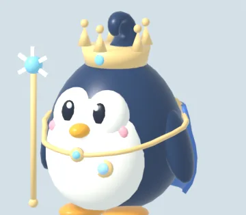 Windy in a gold crown and blue cape, holding a scepter.