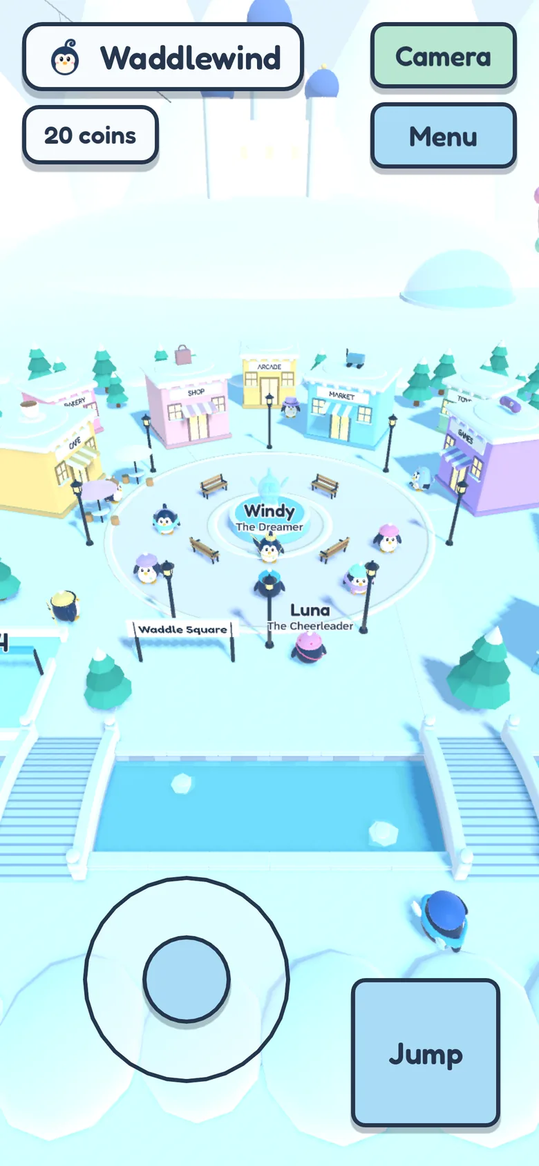 Waddlewind on a phone: Waddle Square with the coin count at the top, and the joystick and Jump button at the bottom.