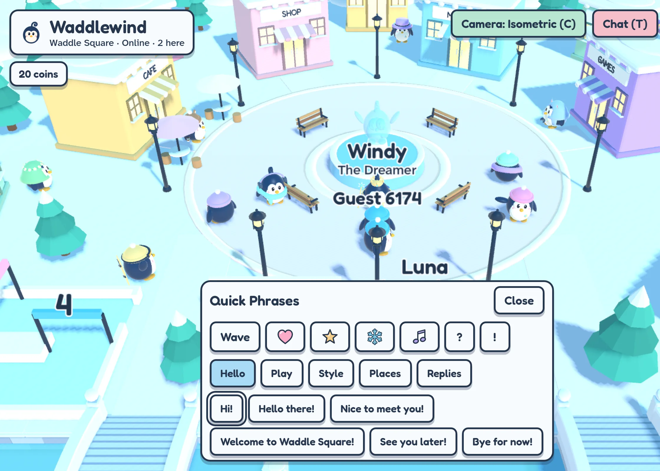 The game online with two players: the title card reads Online, 2 here, another player named Guest 6174 stands by the fountain, and the Quick Phrases panel is open with emotes, groups and phrases.