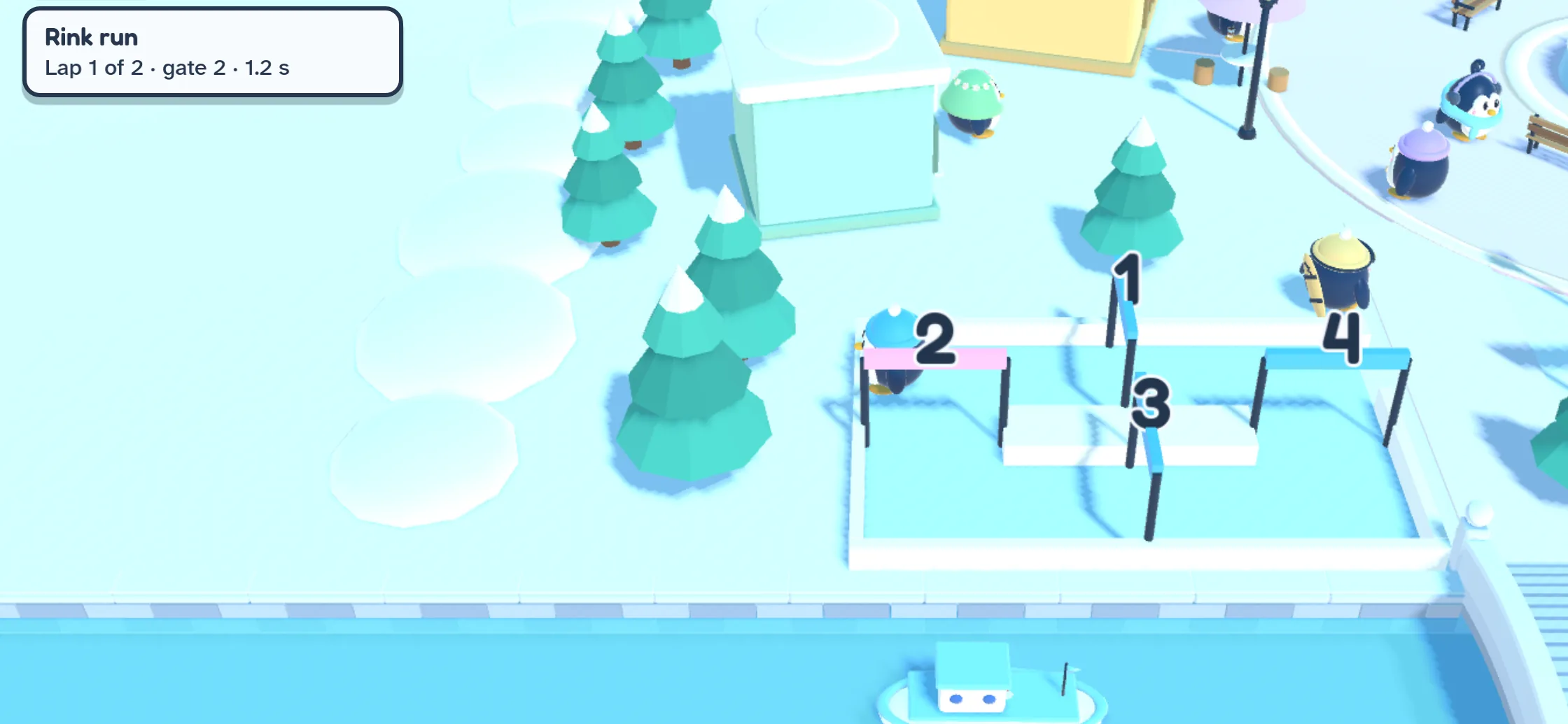 A rink run in the game: the card in the corner reads lap 1 of 2, gate 2, and gate 2 glows pink ahead of the skating penguin.