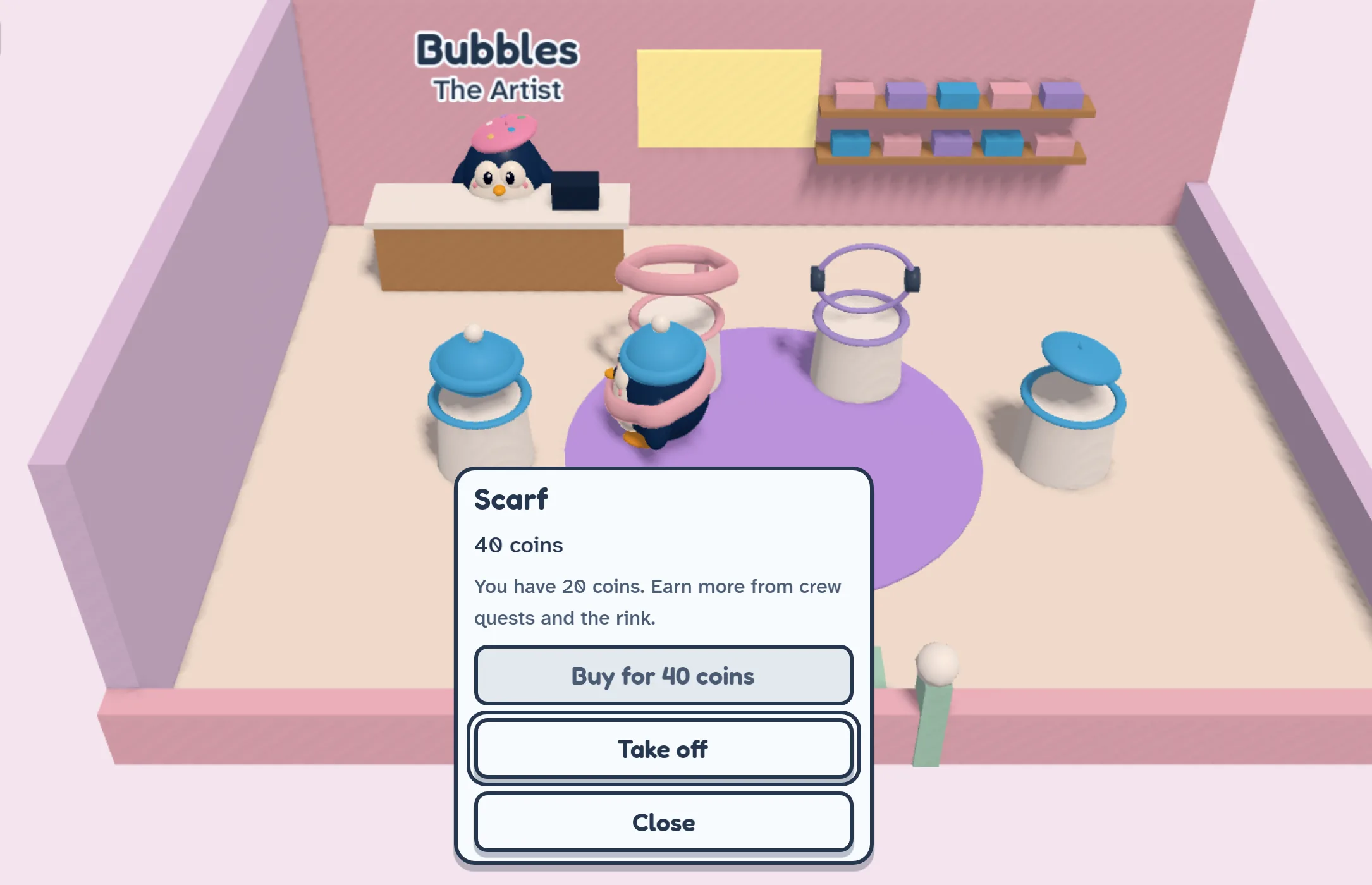 Inside the SHOP: a penguin tries on the pink scarf at its pedestal while Bubbles minds the counter, and the item card offers Take off and Close.