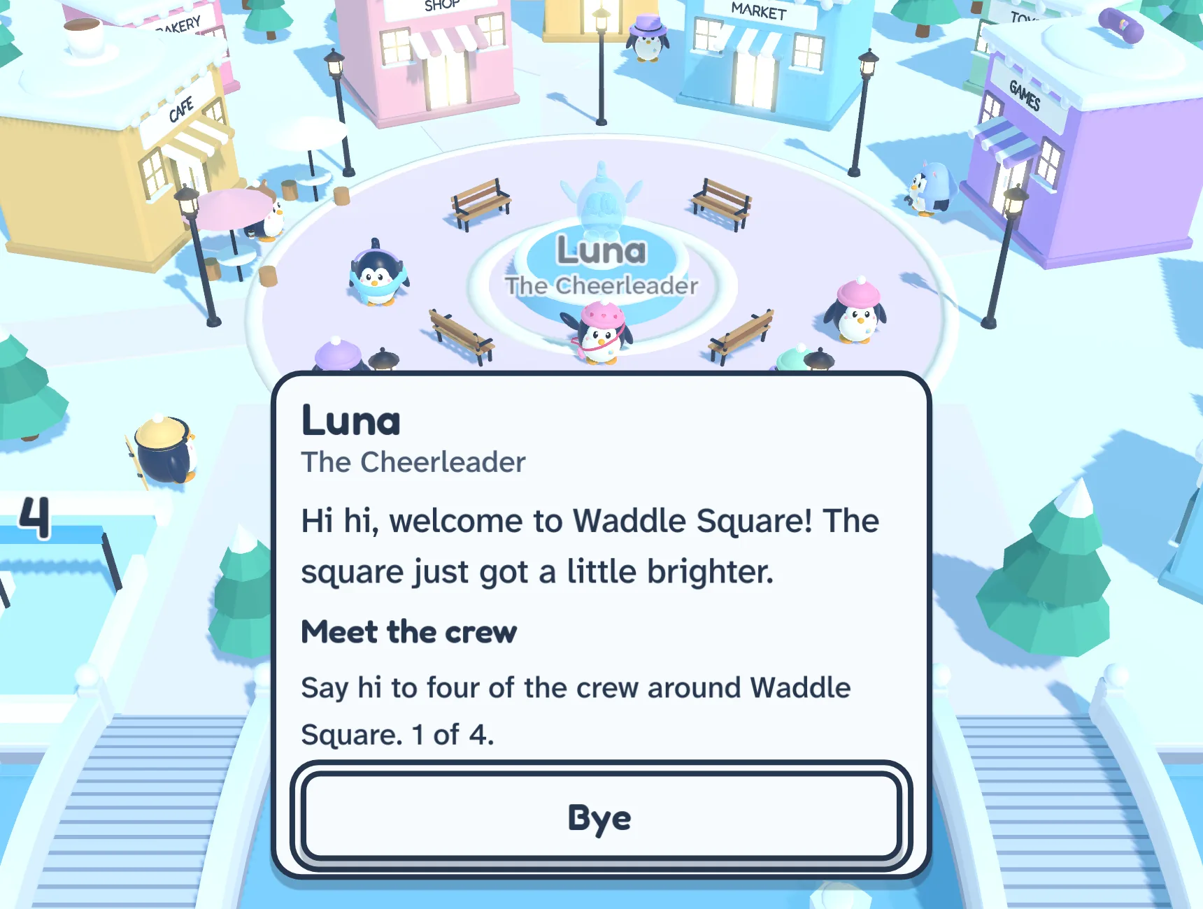 Luna's card in the game: her welcome line, then the Meet the crew quest at one of four greetings, and a Bye button.