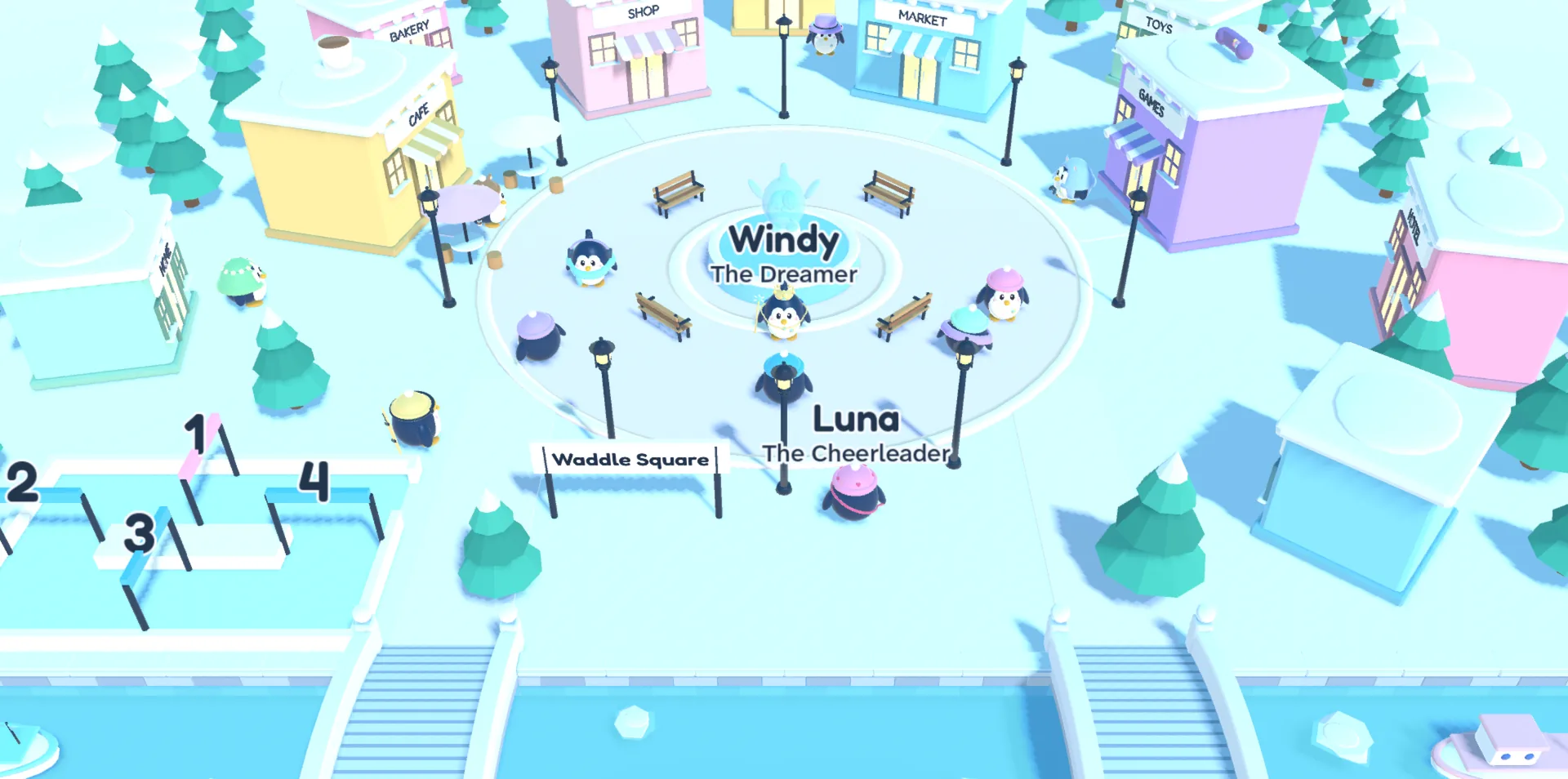 Waddle Square from above: Windy by the fountain, the CAFE, SHOP, MARKET and GAMES around it, penguins on the square and the rink by the canal.